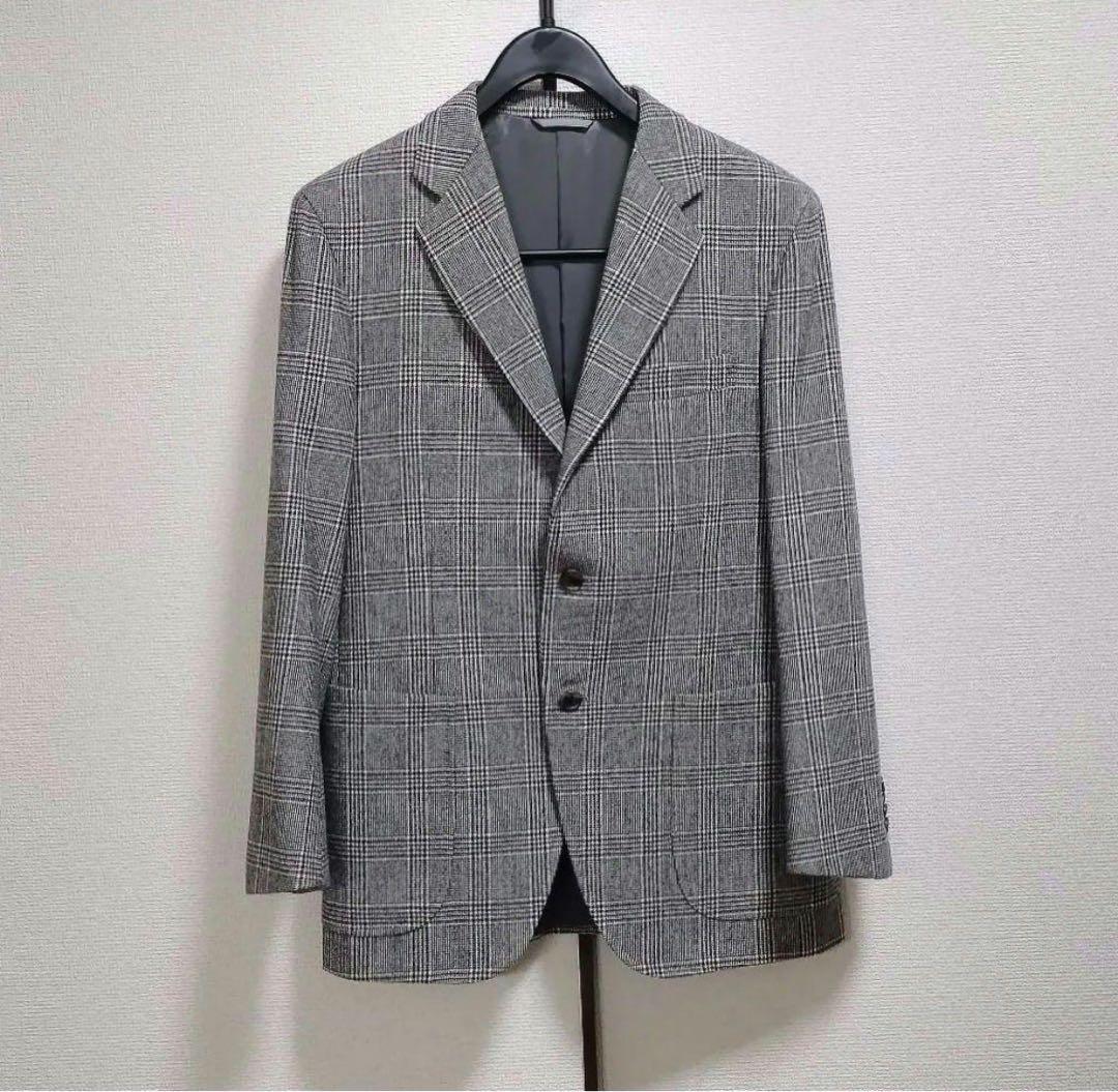 麻布テーラー　アンゴラ カシミヤ混　テーラードジャケット　チェック柄　グレー46