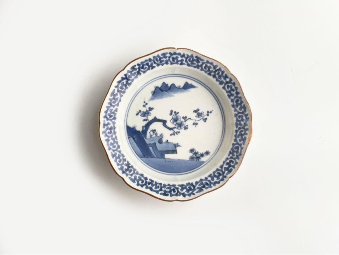 骨董　アンティーク　藍柿右衛門　梅図　蛸唐草文　輪花縁　膾皿　向付　縁錆