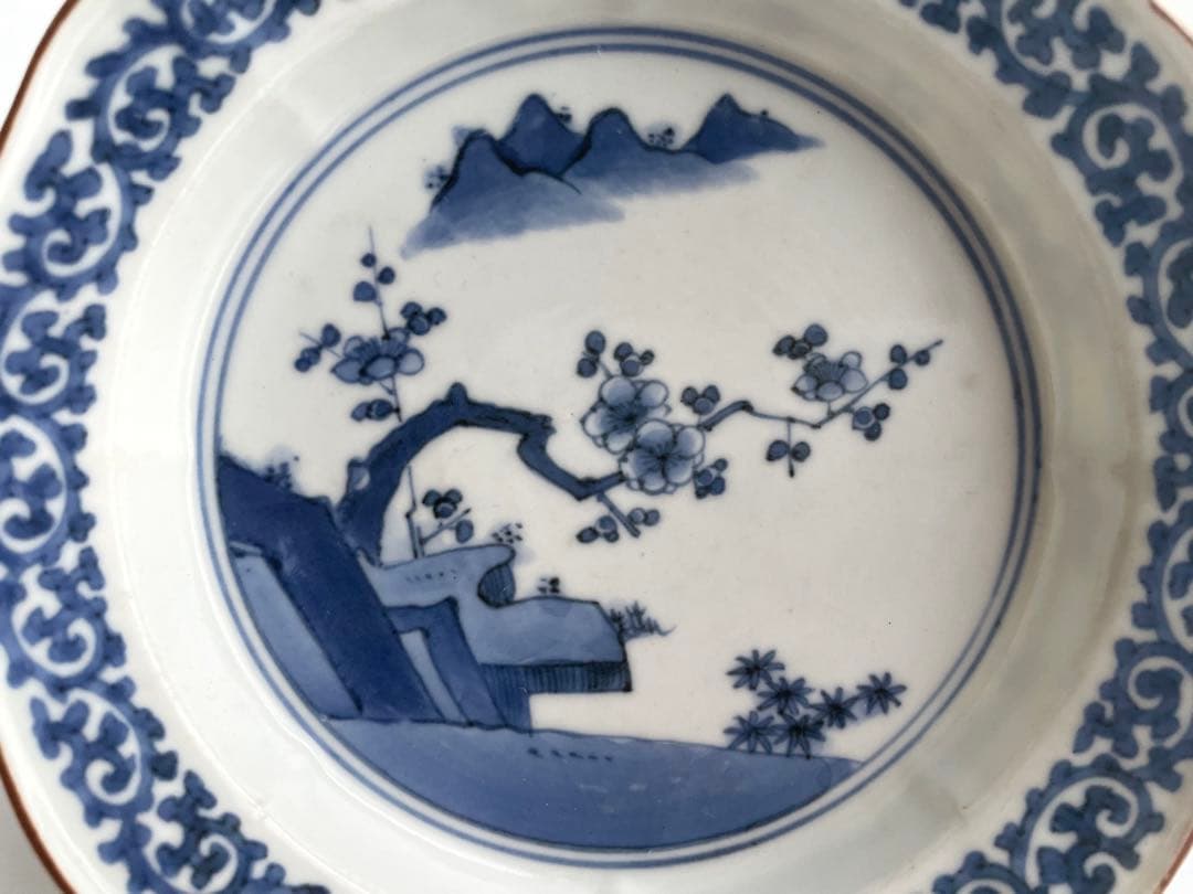 骨董　アンティーク　藍柿右衛門　梅図　蛸唐草文　輪花縁　膾皿　向付　縁錆