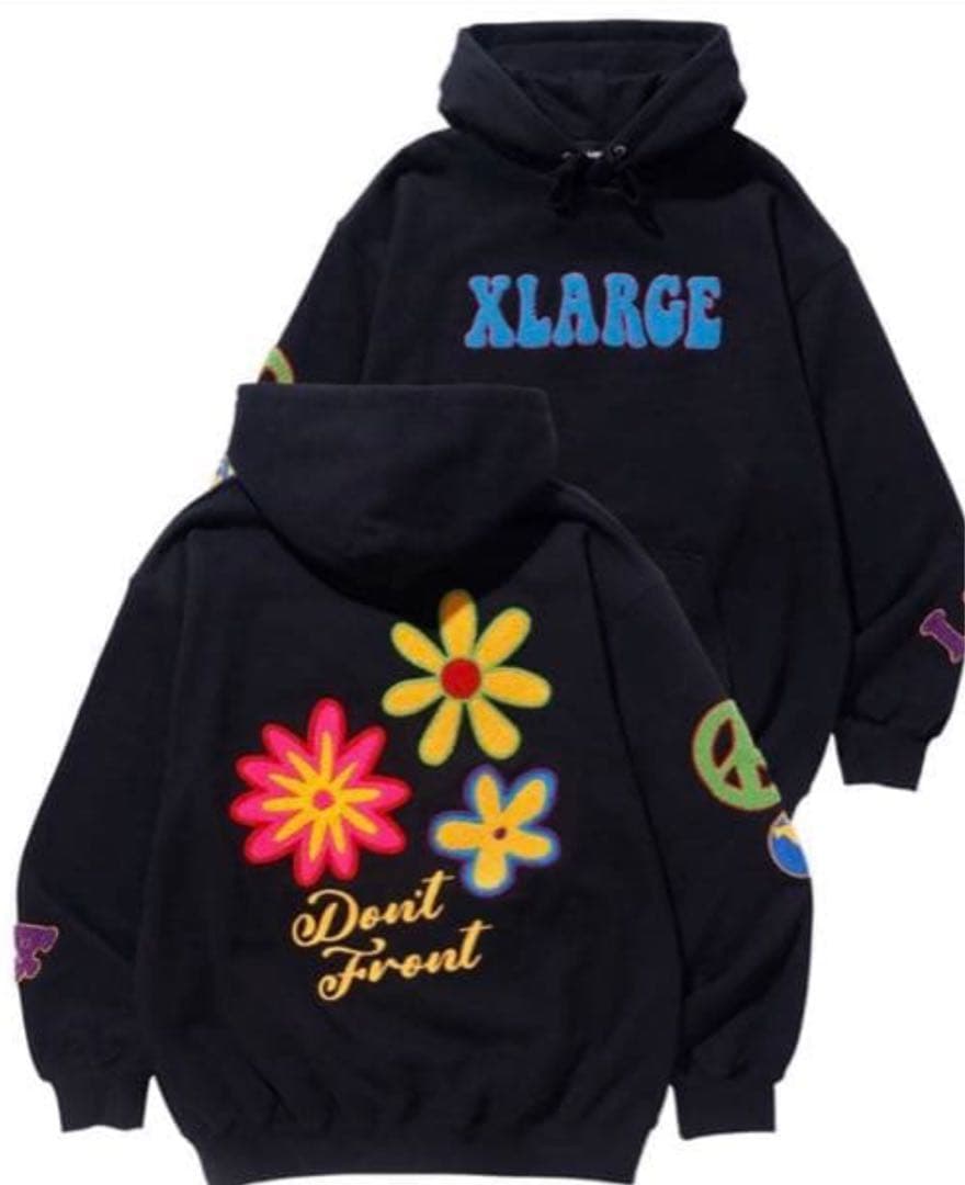 XLARGE 黒色 フラワー刺繍 パーカー