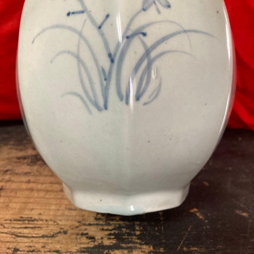 李朝　染付　面取瓶　徳利　秋草文