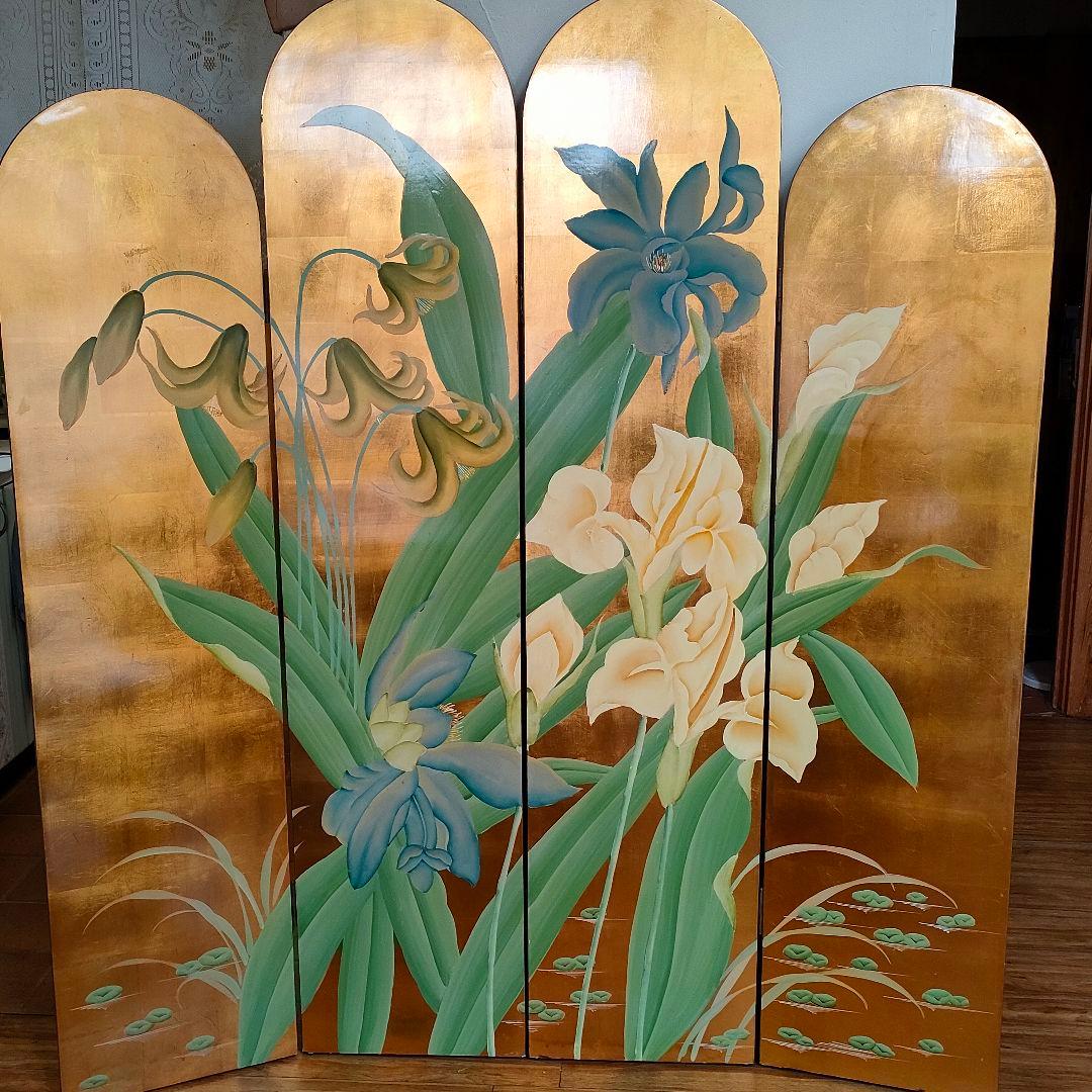 荘厳 屏風 4連 パーテーション 表裏別デザイン 仕切り 四つ折り和風アジアン