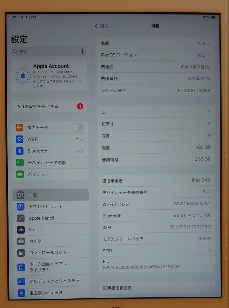 FNXKC動作品SIMフリーiPad第8世代本体128GB送料込ジャンク品