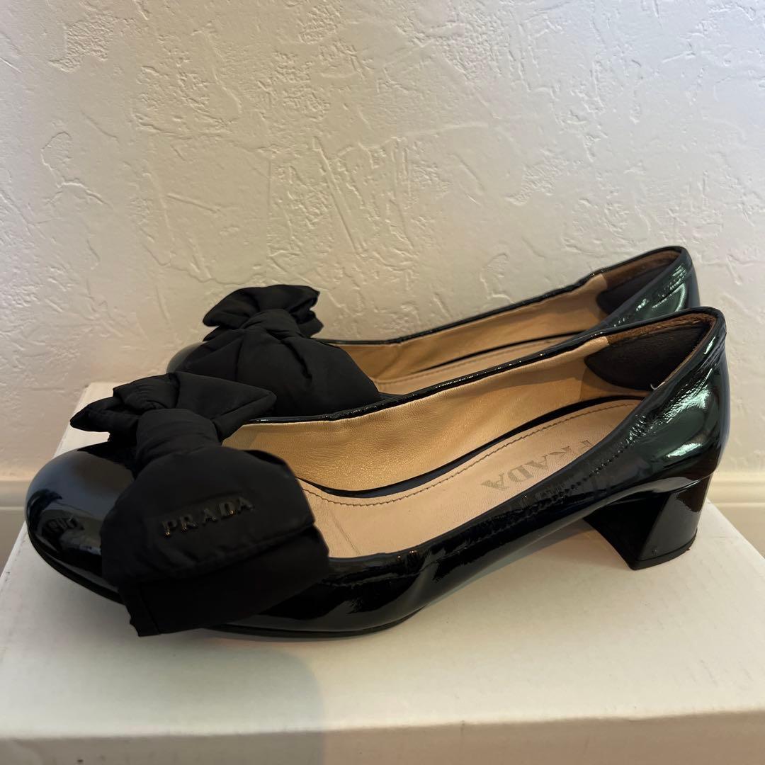 プラダ リボン バレエシューズ ロゴ フラットシューズ 36 ブラック