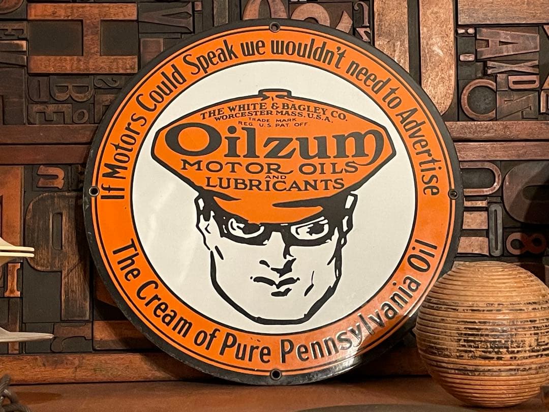 シ*ン様 40s USAビンテージ 琺瑯看板Oilzum モーターオイル広告プレ