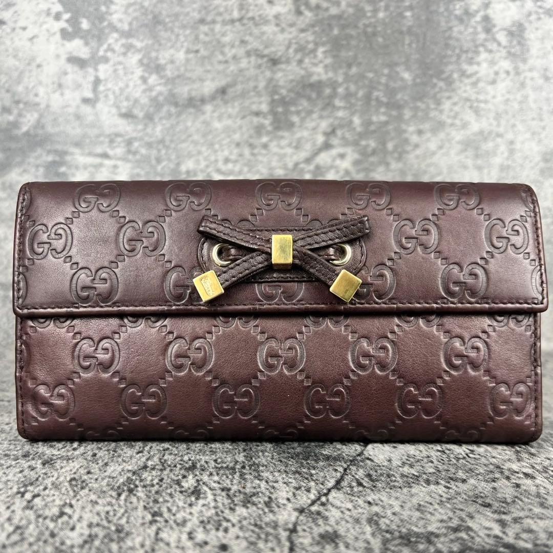 GUCCI GGシマ レザー リボン 二つ折り長財布 ブラウン Wホック