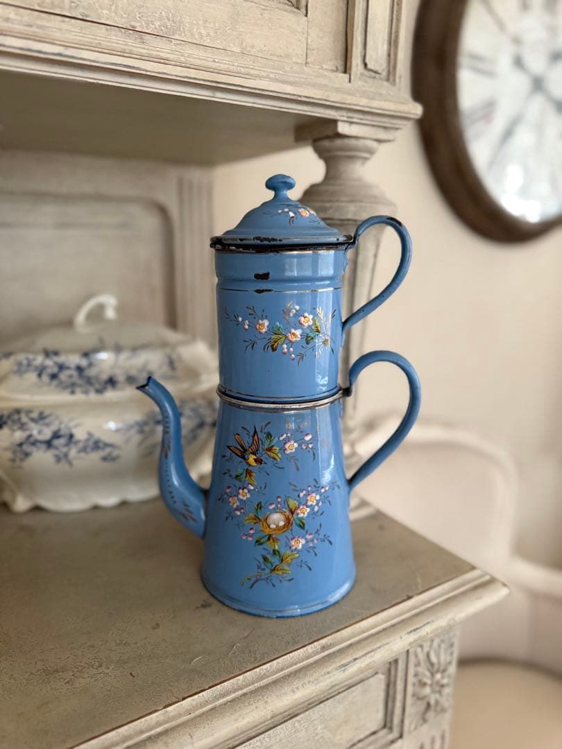 フランスアンティークレア!エトワール社小鳥と鳥の巣水色ホーローカフィティエール