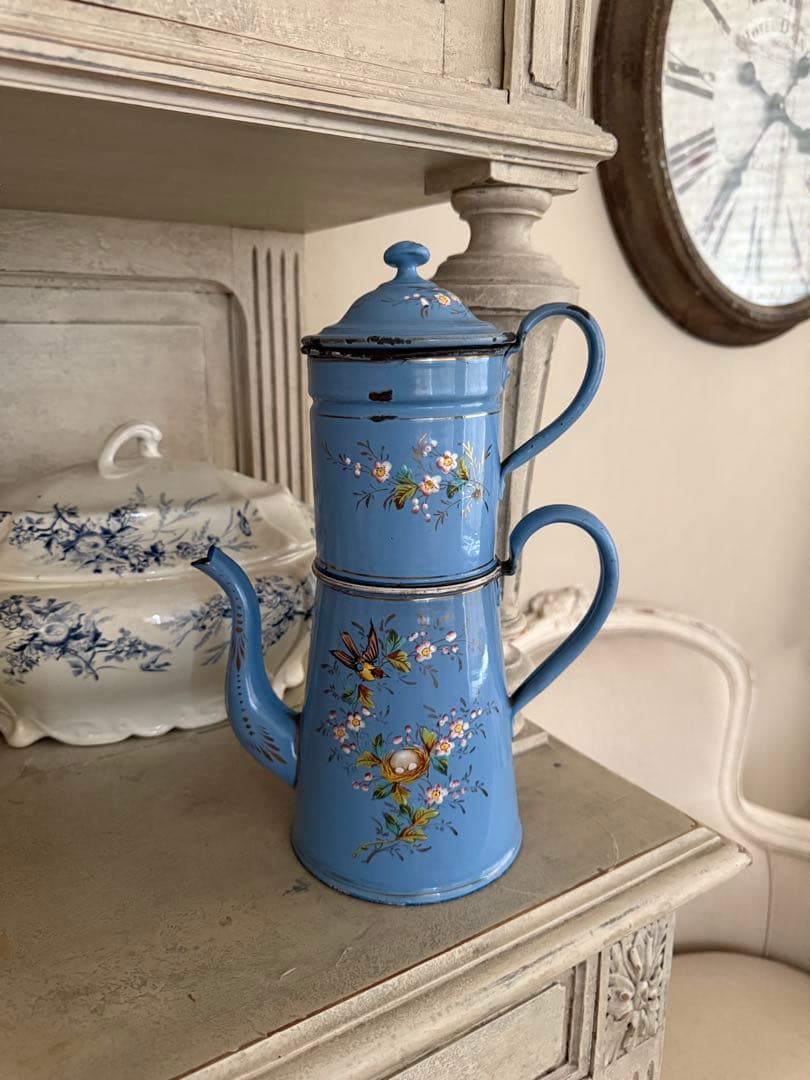 フランスアンティークレア!エトワール社小鳥と鳥の巣水色ホーローカフィティエール