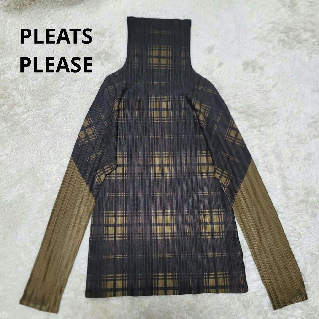 極美品✨プリーツプリーズ ハイネック 長袖カットソー 3 チェック