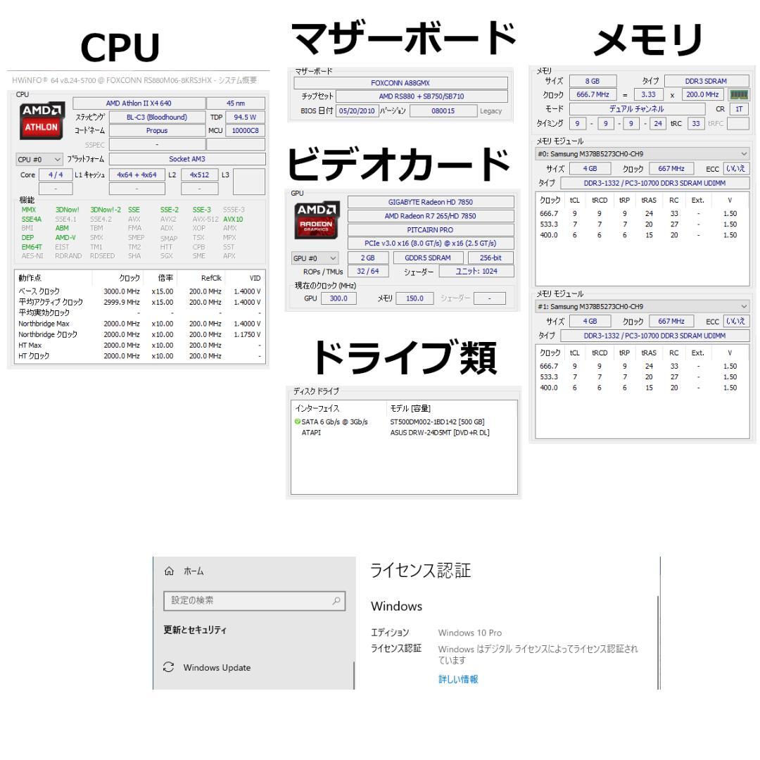 Athlon2 X4 640 3GHz メモリ8GB HD7850 500GB