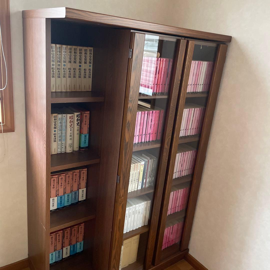 木製 ガラス付き 本棚 スライド式 ブックシェルフ キャビネット
