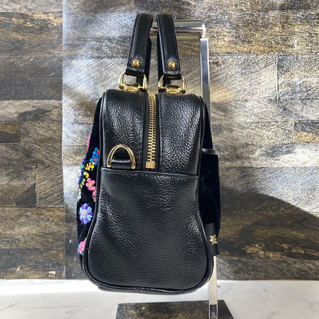 極美品 シンクビー ハンドバッグ ビーズ 花 ベロア 黒 レザー