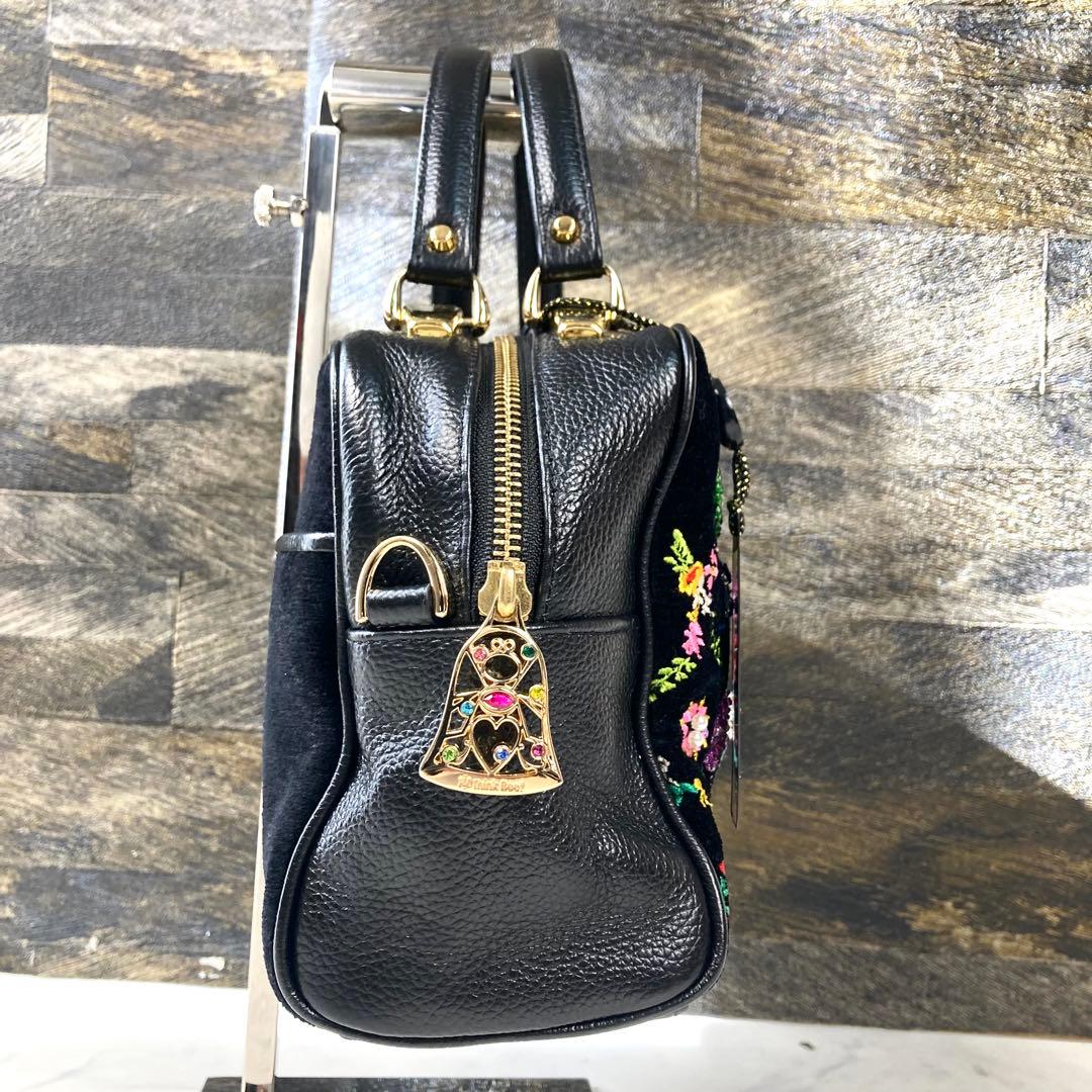 極美品 シンクビー ハンドバッグ ビーズ 花 ベロア 黒 レザー