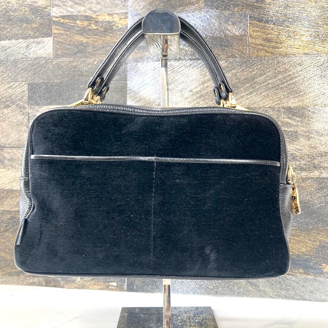 極美品 シンクビー ハンドバッグ ビーズ 花 ベロア 黒 レザー