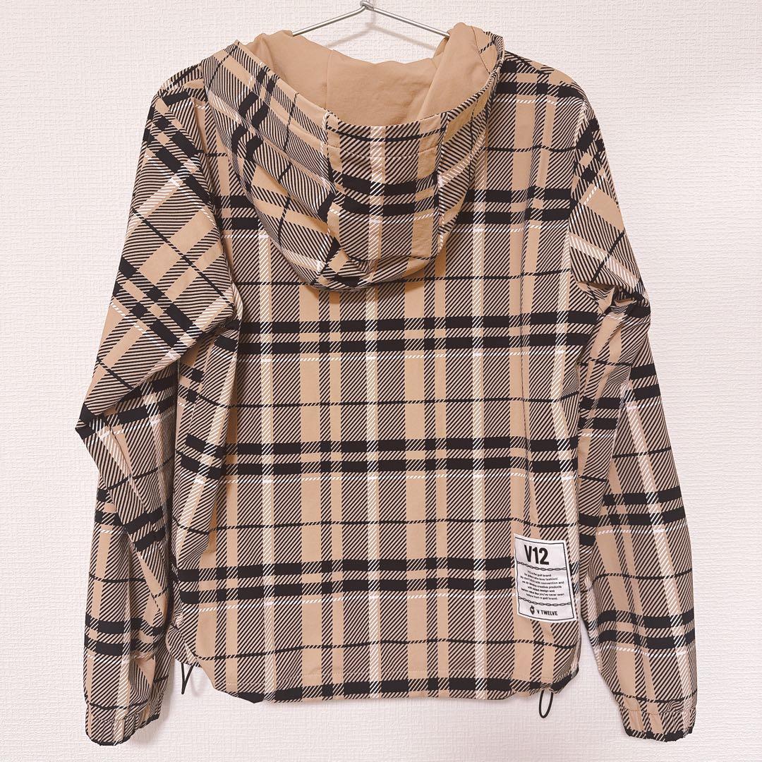 V12 チェック柄フード付きジャケット ベージュ