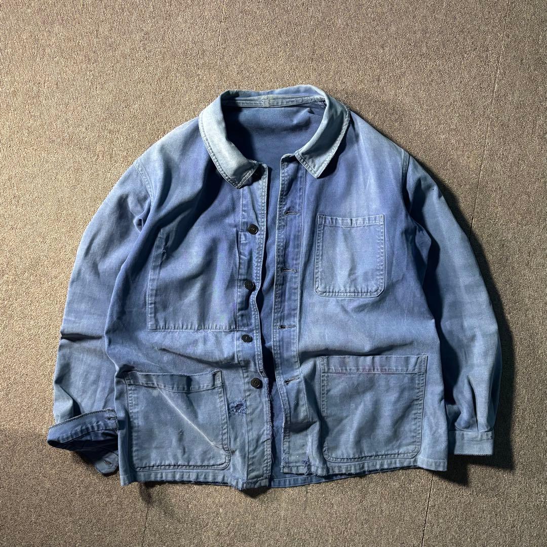 ユーロヴィンテージ ワーク エンジニアジャケット 鬼フェード ダメージ ナス紺