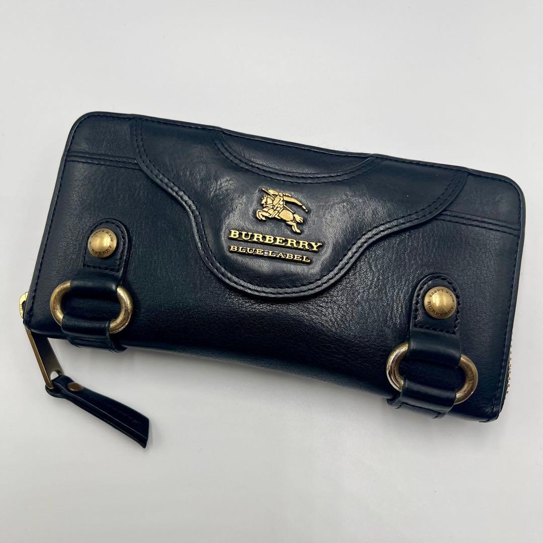 希少 バーバリーブルーレーベル 長財布 ラウンドジップ ブラック 金具ロゴ