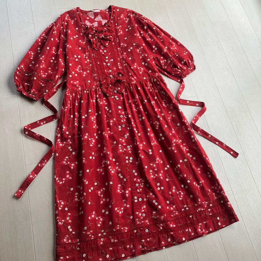 ピンクハウス マーガレット リボン ピンタック はしごレース 7分袖 ワンピース