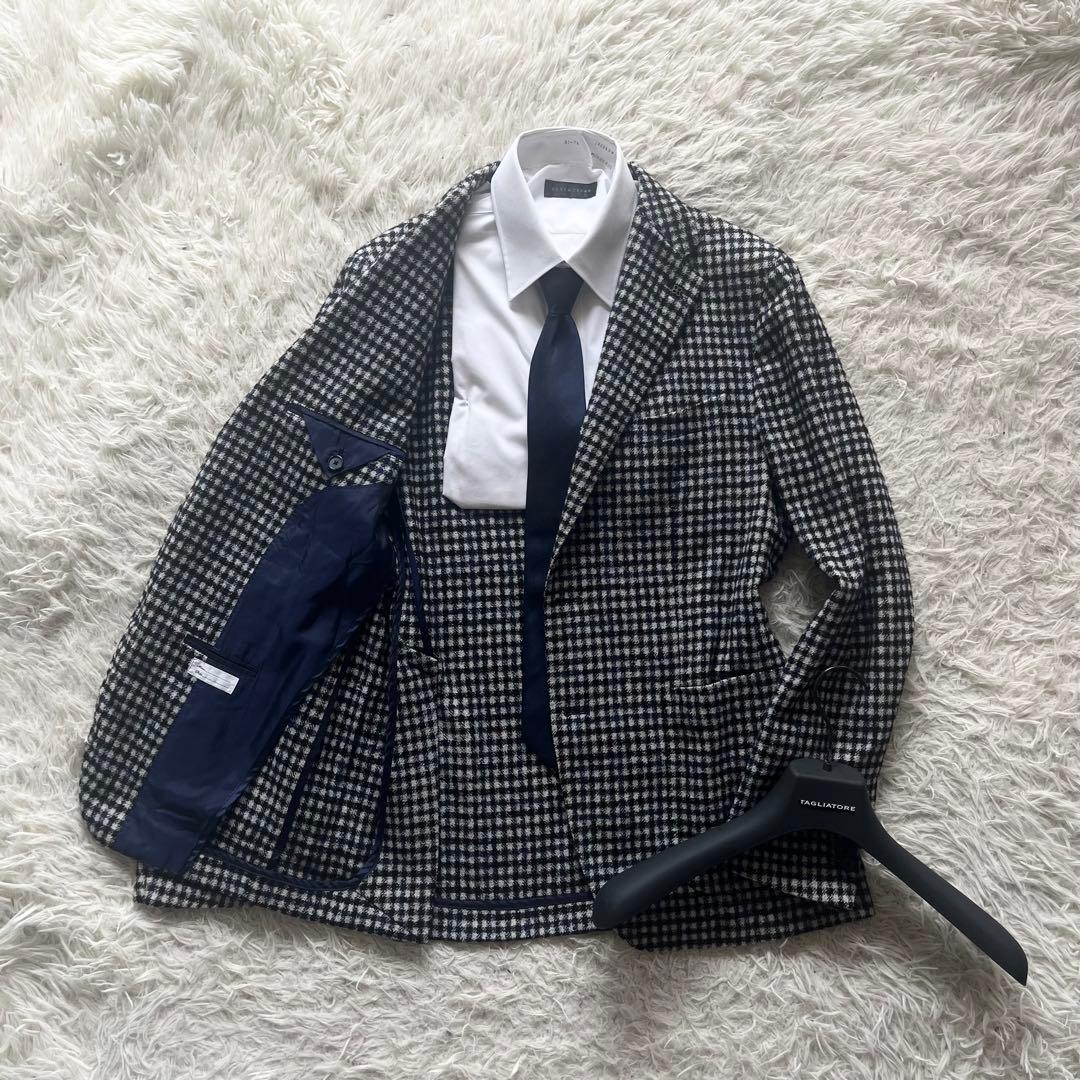<美品>TAGLIATORE 新ロゴ チェック ツイード ジャケット サイズ48