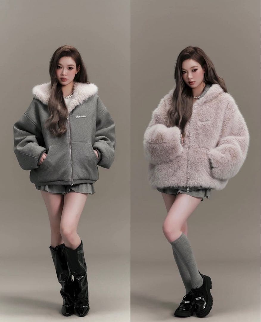 ジャケット・アウター Andwang kirakira 2way fur zip up gray