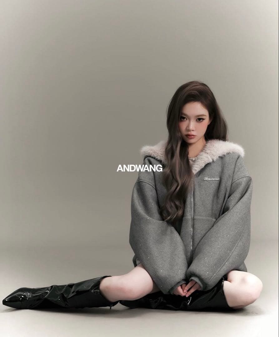 ジャケット・アウター Andwang kirakira 2way fur zip up gray