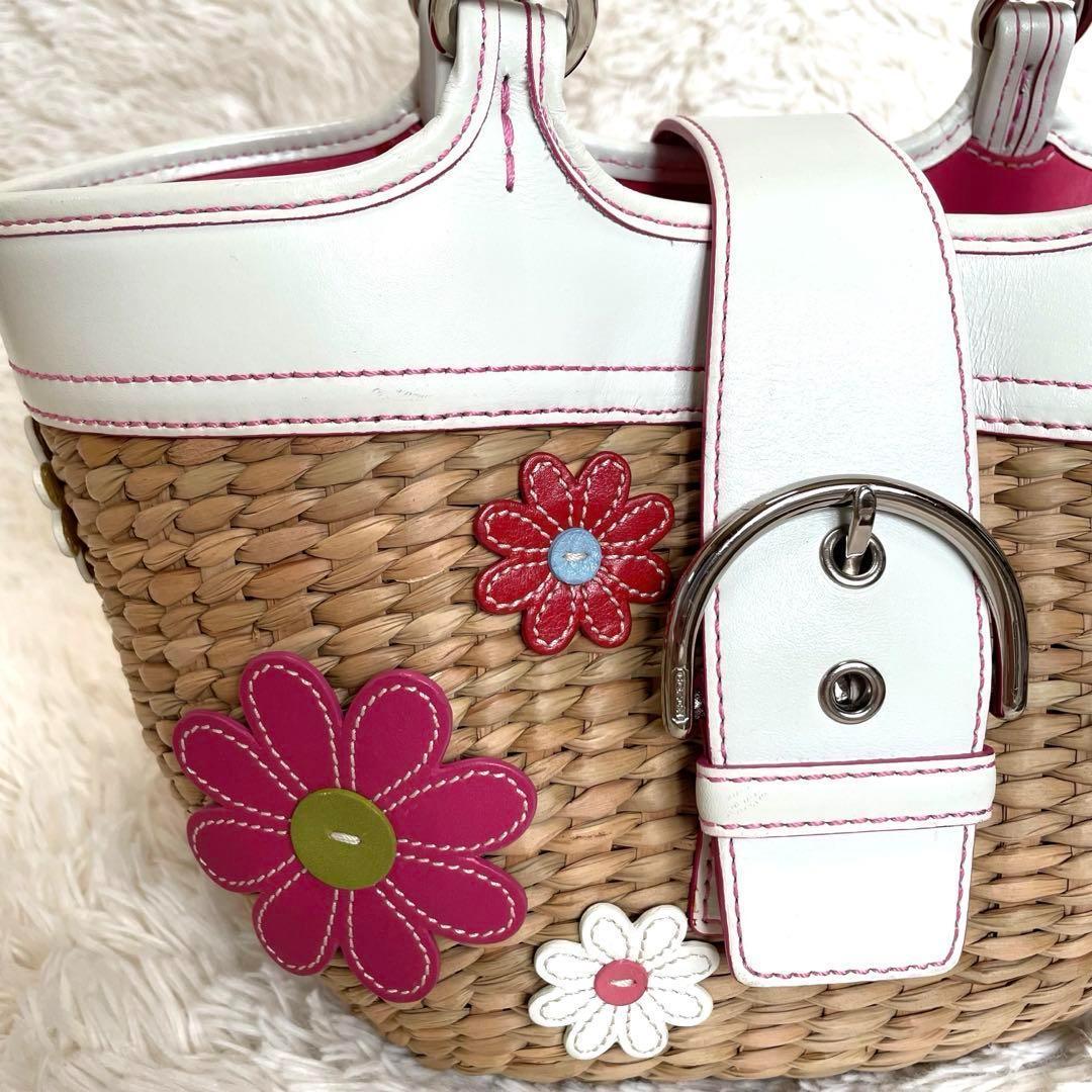 美品✨コーチ　フラワーモチーフ ストローバッグ かごバッグ 花 ソーホー　保存袋