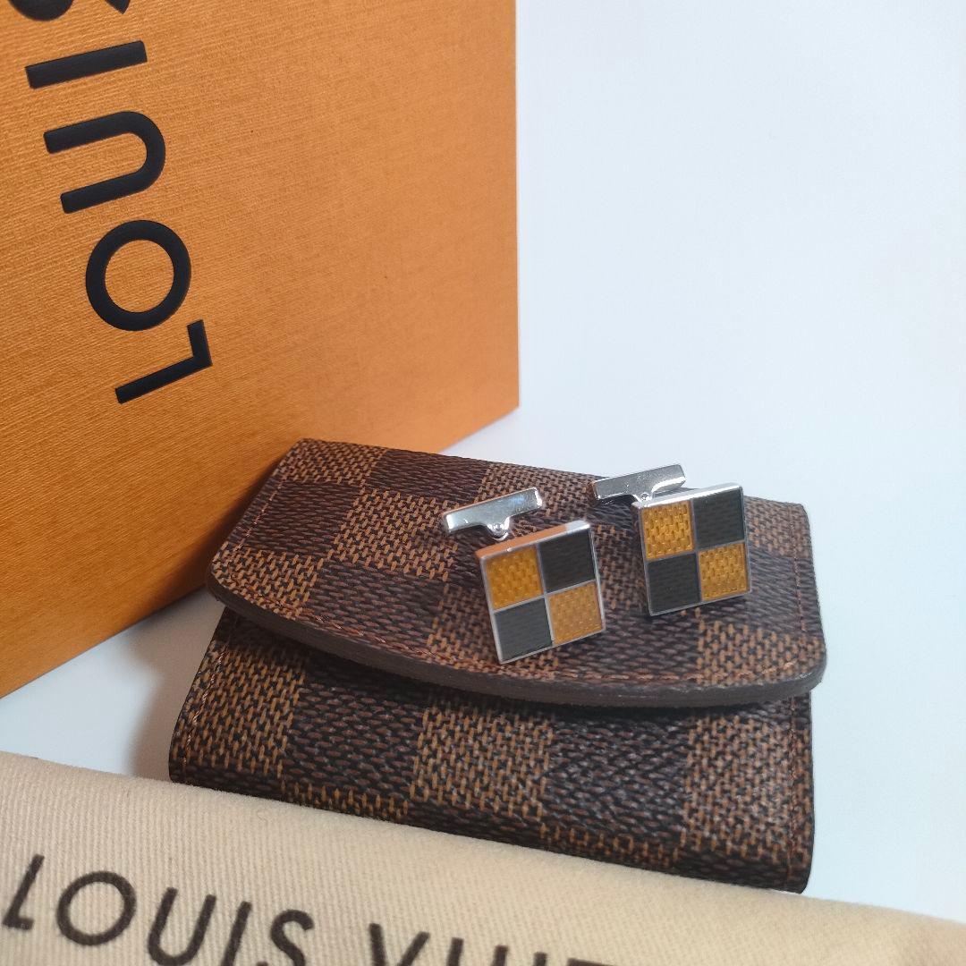 LOUIS VUITTON ダミエ カフリンクス シルバー×ブラウン ケース付き