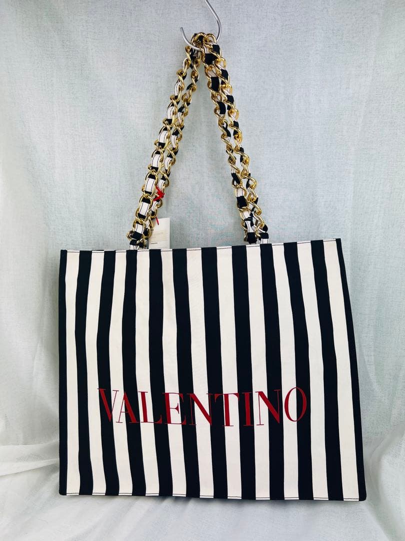 VALENTINOトートバッグ ストライプ チェーンハンドル ブラック×ホワイト