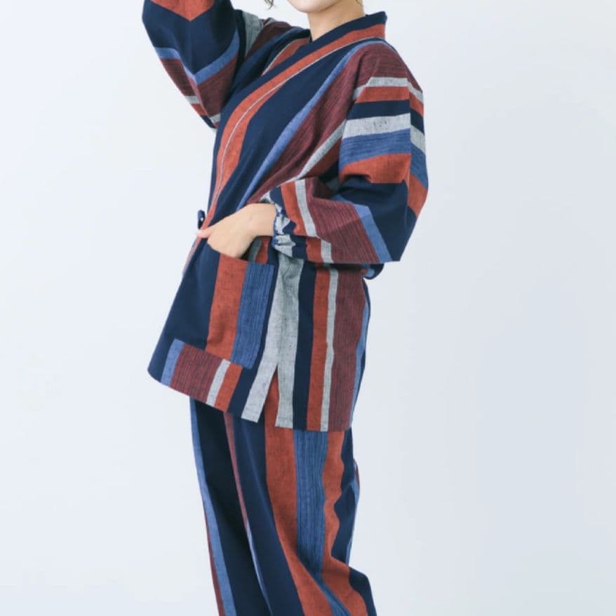 値下【美品】作務衣 さむえ 宮田織物 縞柄 日本製 綿100% 大縞フリーサイズ