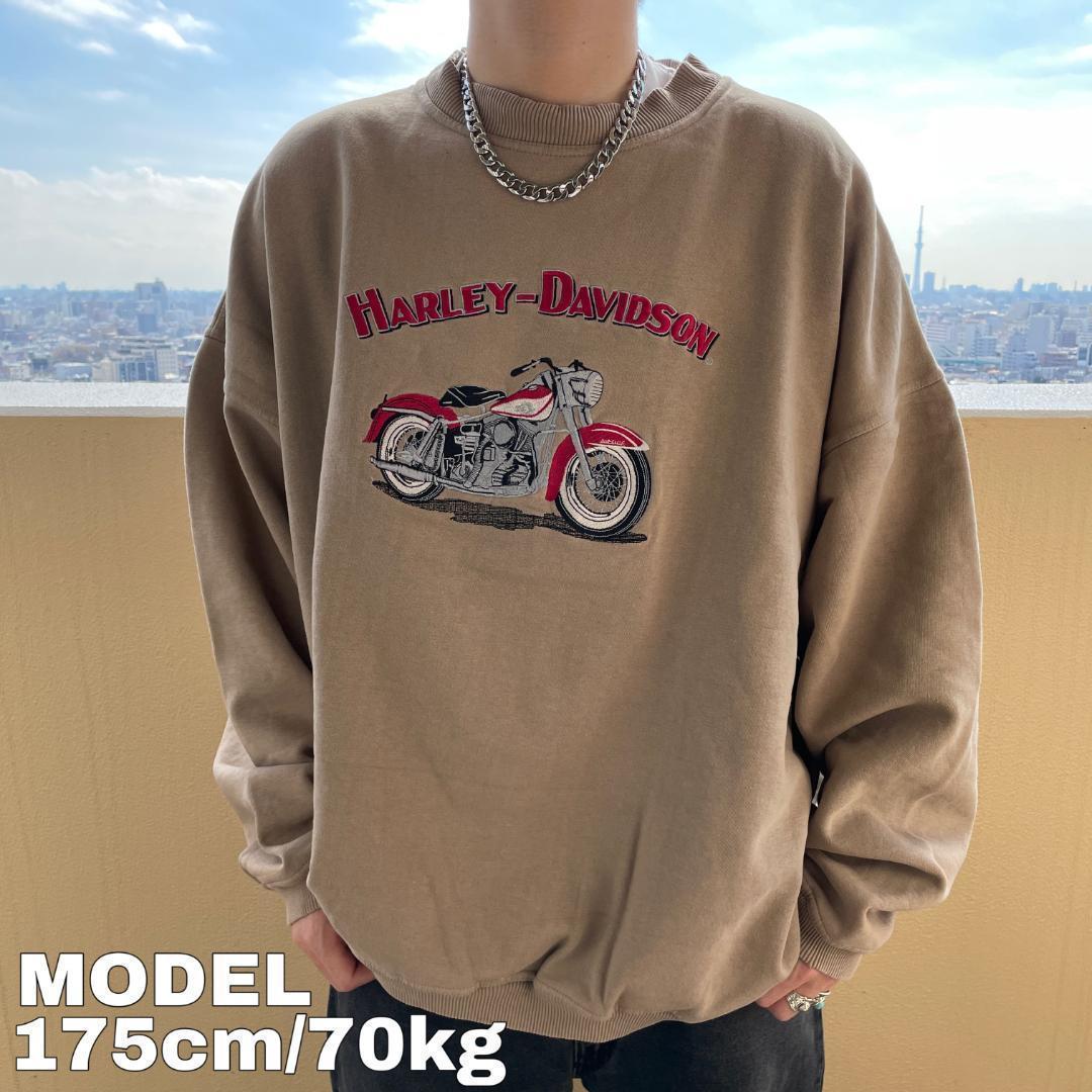 ハーレーダビッドソン デカ刺繍 スウェット ベージュ バイク 3XL 裏パイル