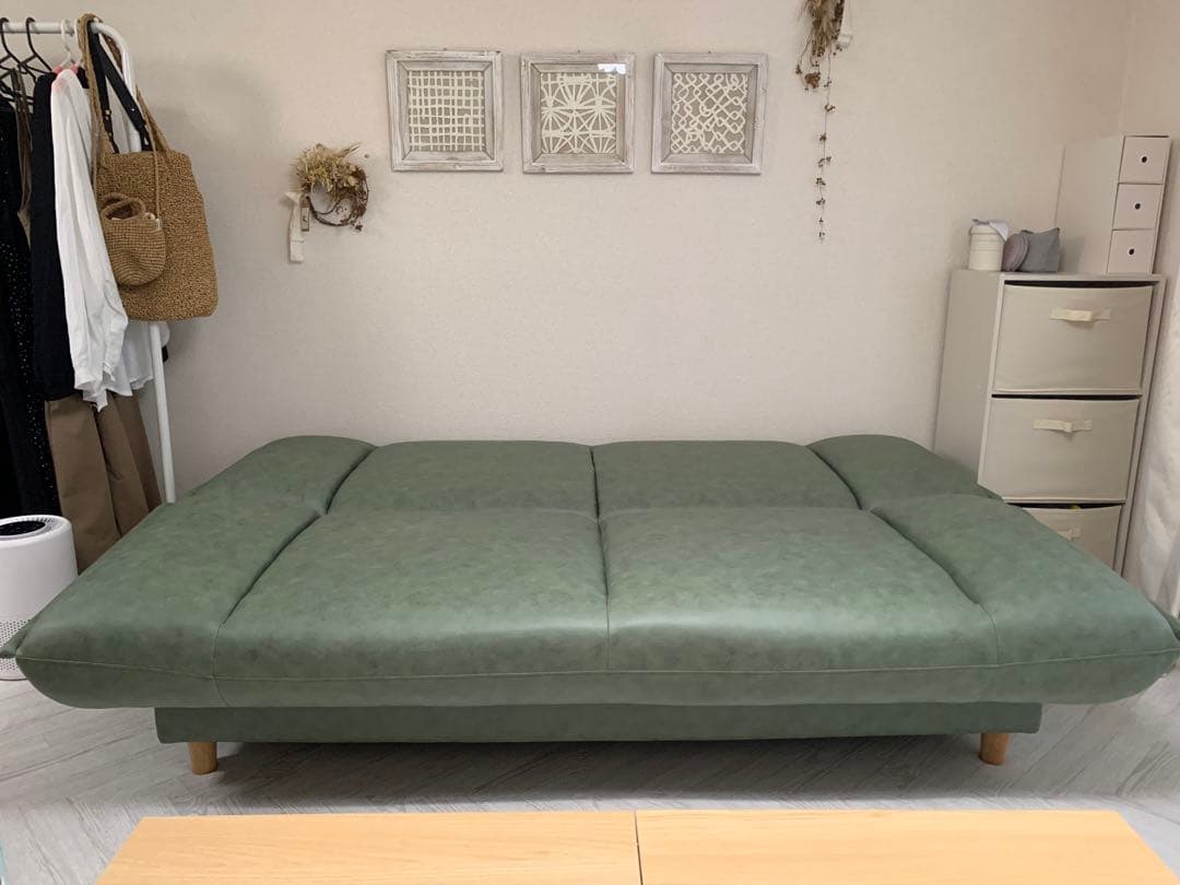 ソファベッド ファブリックレザー 3人掛け モスグリーン