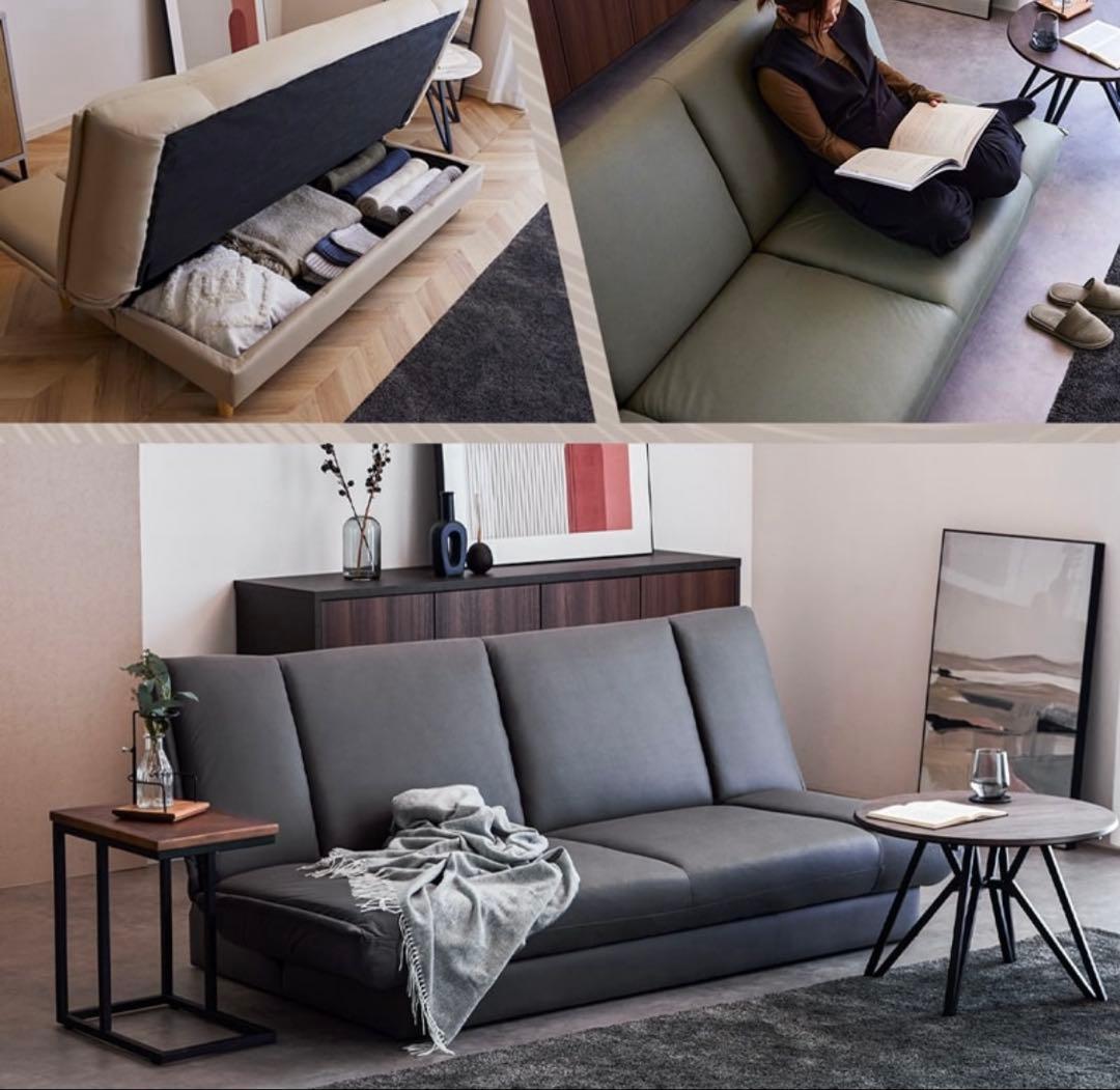 ソファベッド ファブリックレザー 3人掛け モスグリーン