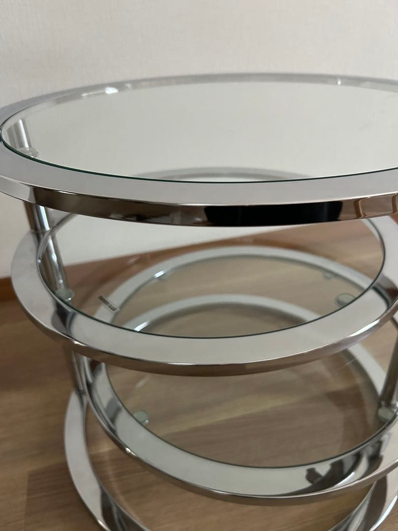 ミッドセンチュリー　北欧ラウンドテーブル3段ガラススライドテーブル☆たのメル便
