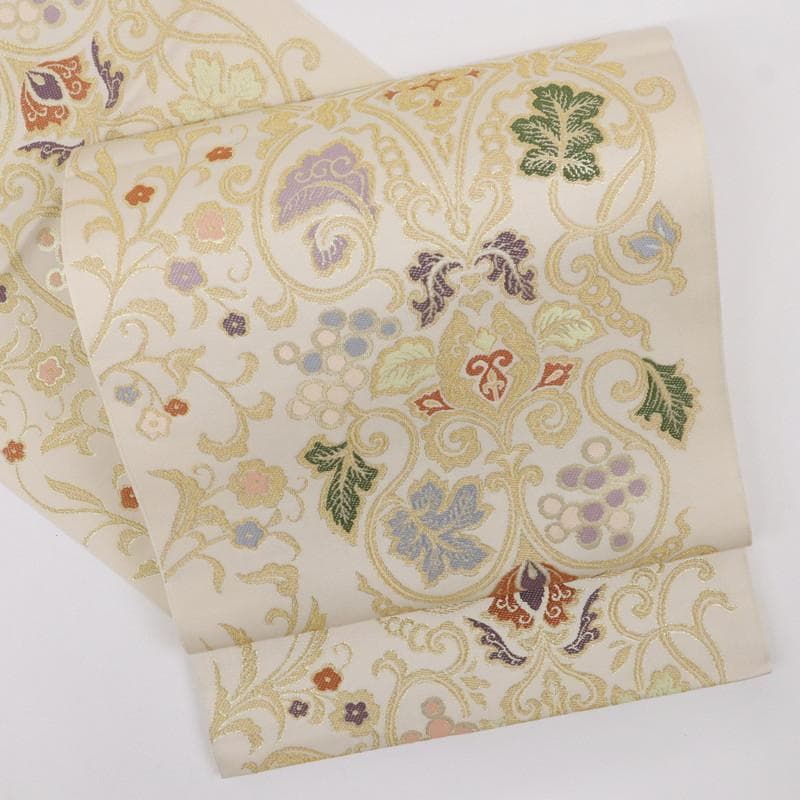 《特選豪華◆本袋帯■煌びやか葡萄唐草◆六通柄■アイボリー◆正絹着物◆FY3-4》