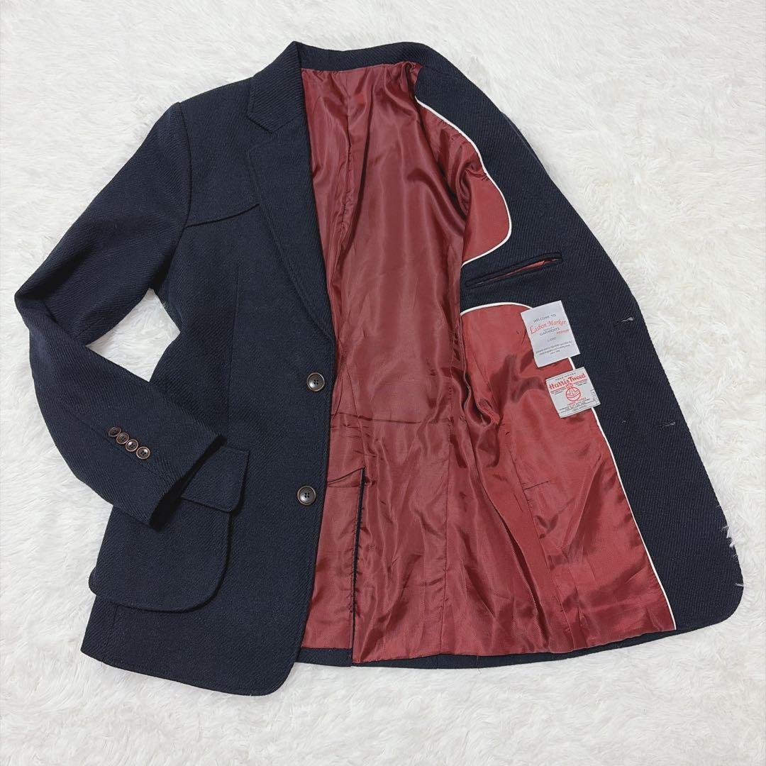 【美品】ハリスツイード ネイビー テーラードジャケット M 総裏地 827