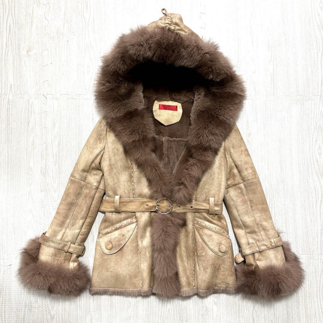 ラビット×フォックス リアルファー毛皮コート 40 ベージュ系 フード ベルト付