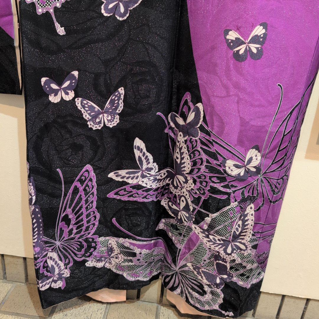 【美品】紫と黒の蝶模様の振袖＆帯のセット