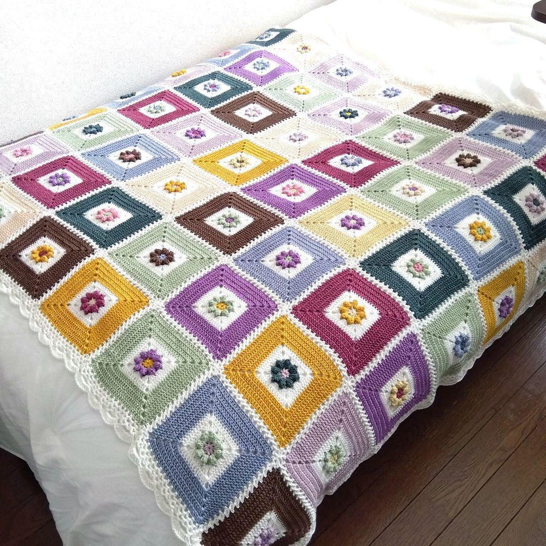 モチーフ編みブランケット　マルチカバー　コットン