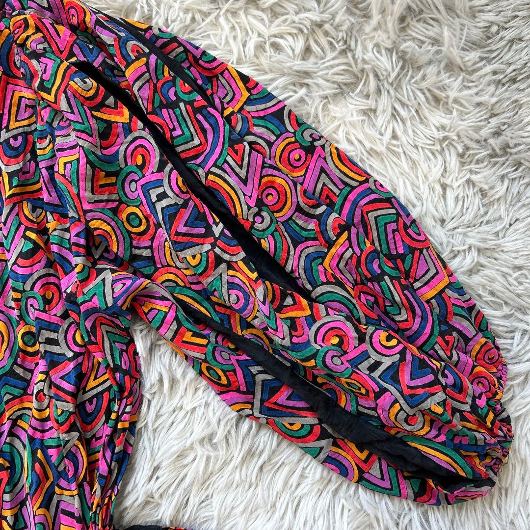 【美品】Diane Freis バルーンスリーブ総柄ワンピース レッド系 シルク