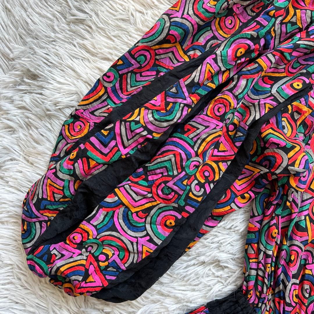 【美品】Diane Freis バルーンスリーブ総柄ワンピース レッド系 シルク