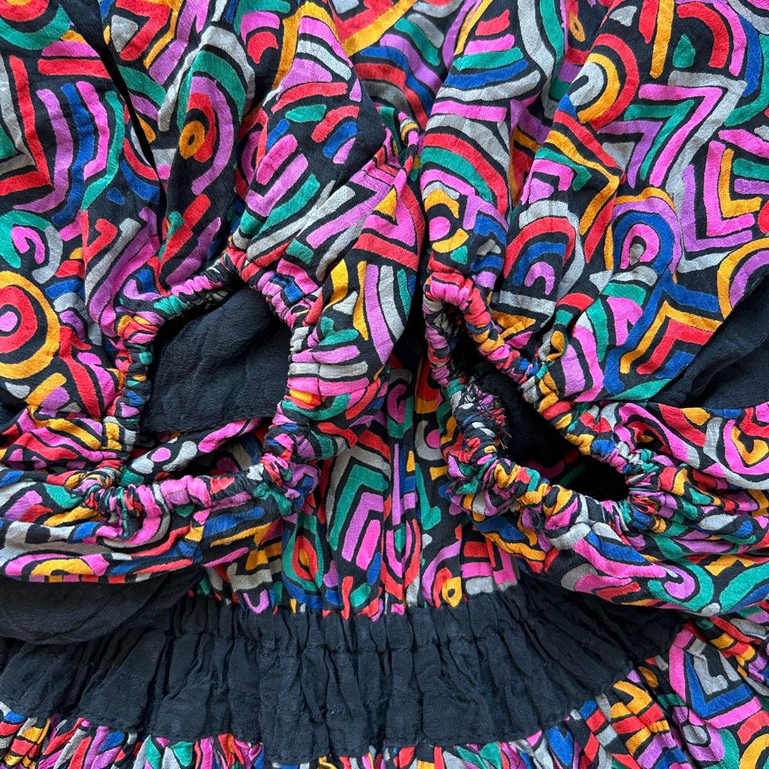 【美品】Diane Freis バルーンスリーブ総柄ワンピース レッド系 シルク