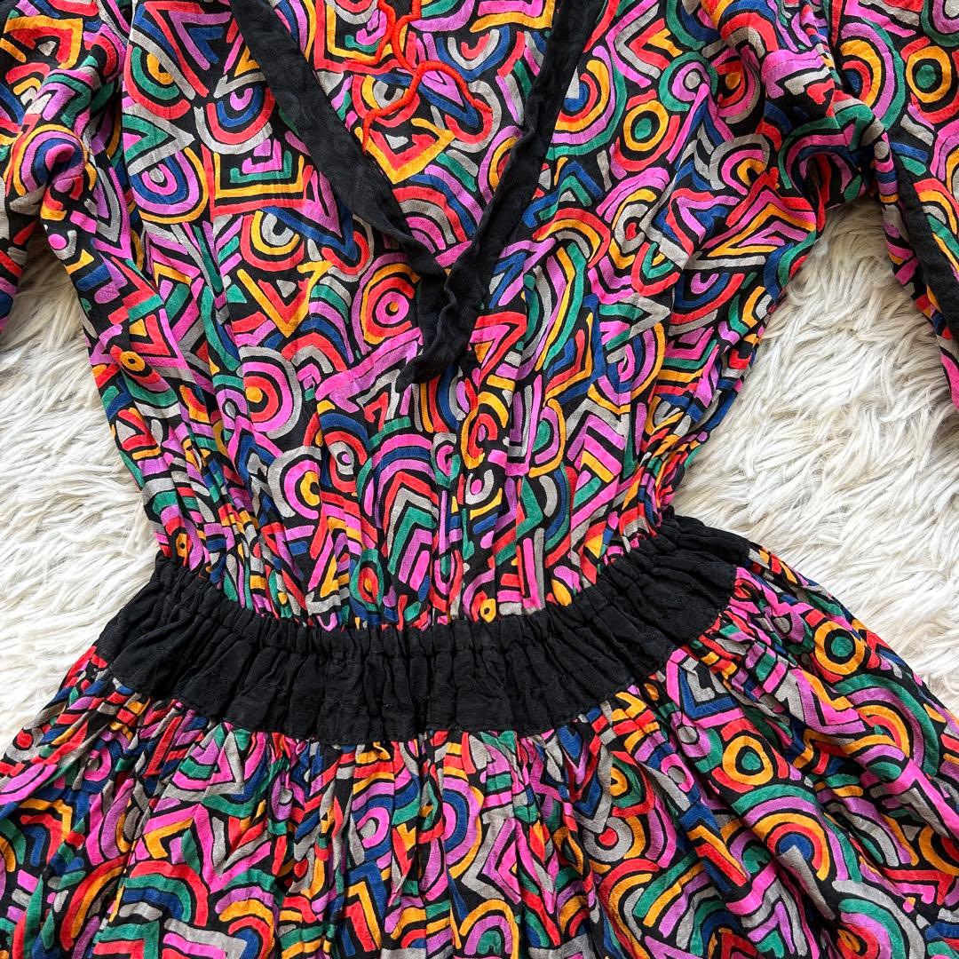 【美品】Diane Freis バルーンスリーブ総柄ワンピース レッド系 シルク