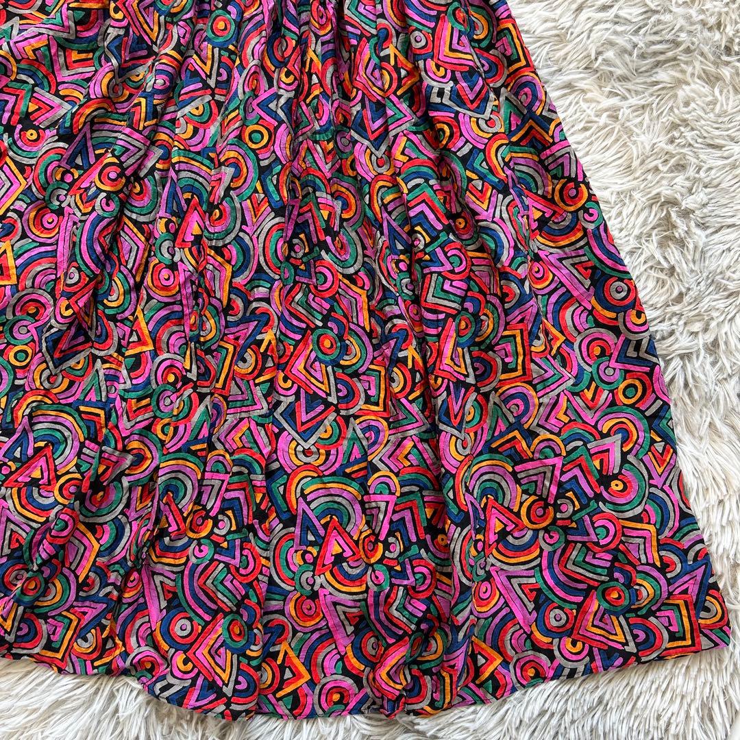 【美品】Diane Freis バルーンスリーブ総柄ワンピース レッド系 シルク