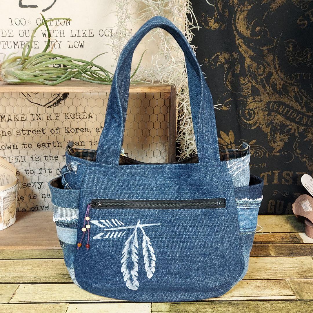 刺繍デニムバック　No.648　デニムリメイク　チューリップバック　丸いバック