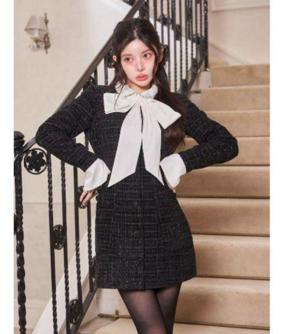 darich クラシカルボウタイツイードミニワンピース