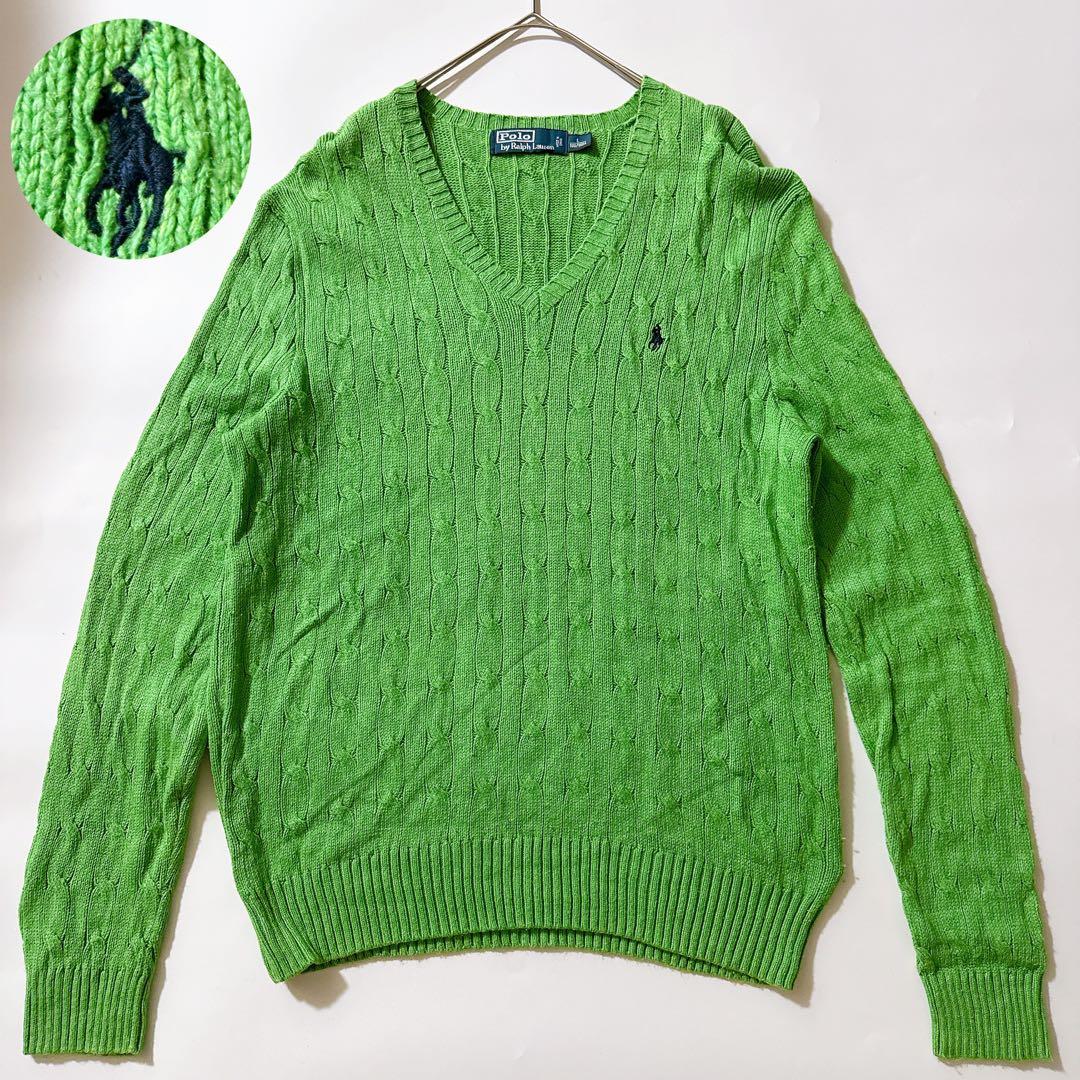 シルク100✨ポロバイラルフローレン Vネックケーブルニット ポニー L 緑
