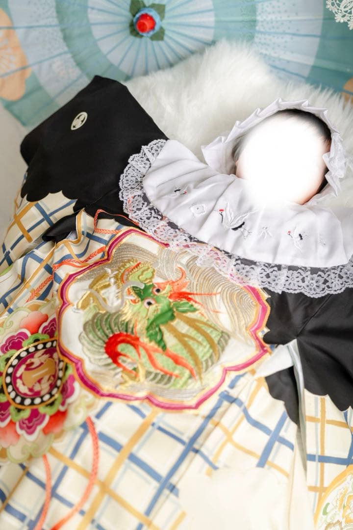 美品　豪華刺繍　お宮参り　産着　祝着　0歳　男の子　黒　龍　長襦袢なし　735