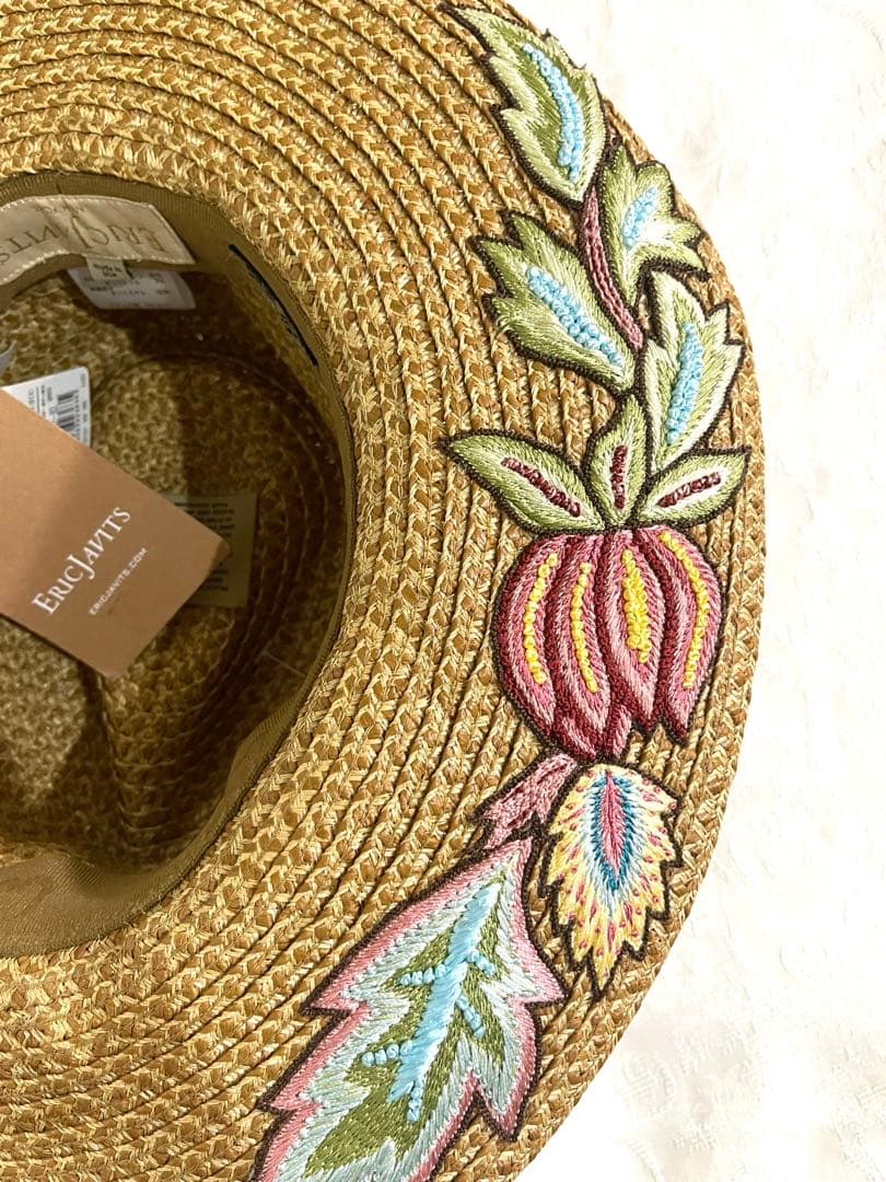エリックジャビッツ　麦わら帽子　中折れ　刺繍　新品未使用　紙タグ付き　UPF50