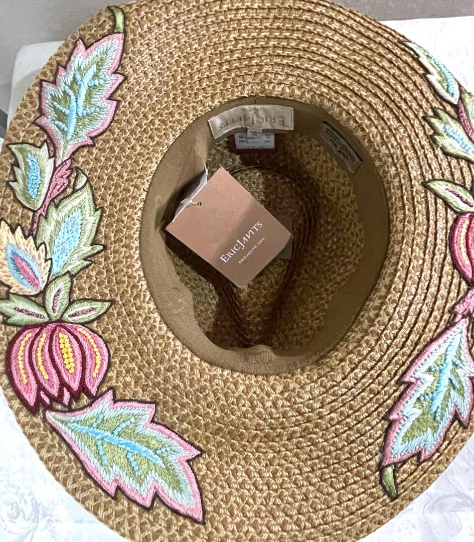 エリックジャビッツ　麦わら帽子　中折れ　刺繍　新品未使用　紙タグ付き　UPF50