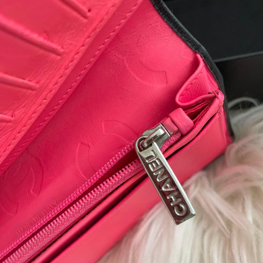 シャネル CHANEL 二つ折り 財布 カンボンライン ピンク 黒 正規品